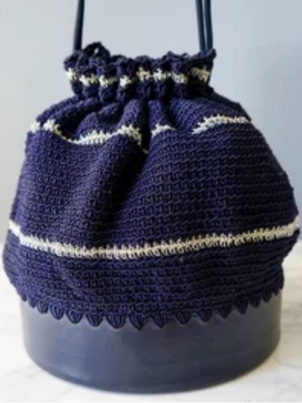Vintage Navy Crochet Drawstring Bucket Bag